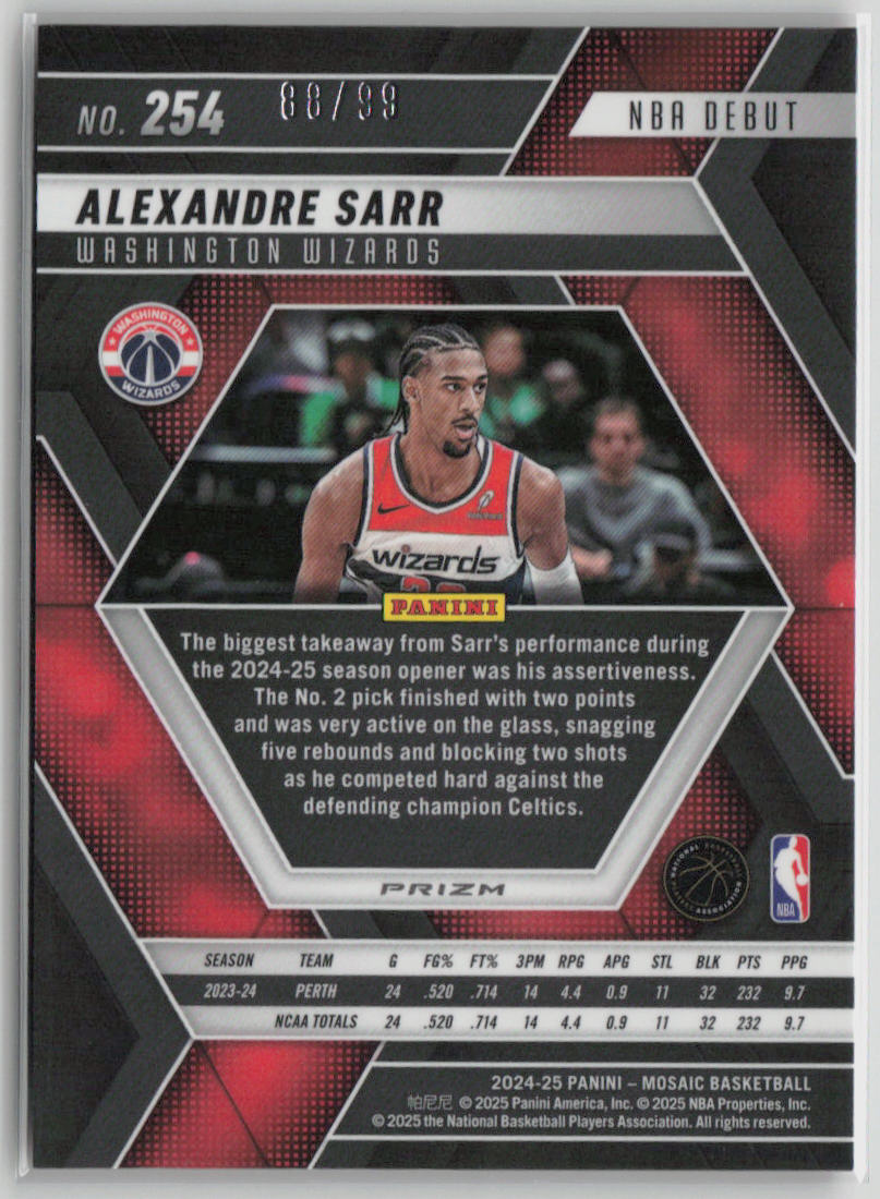 2024-25 Panini Mosaic NBA Debut Alexandre Sarr Rookie Red Fast Break 88/99 #254