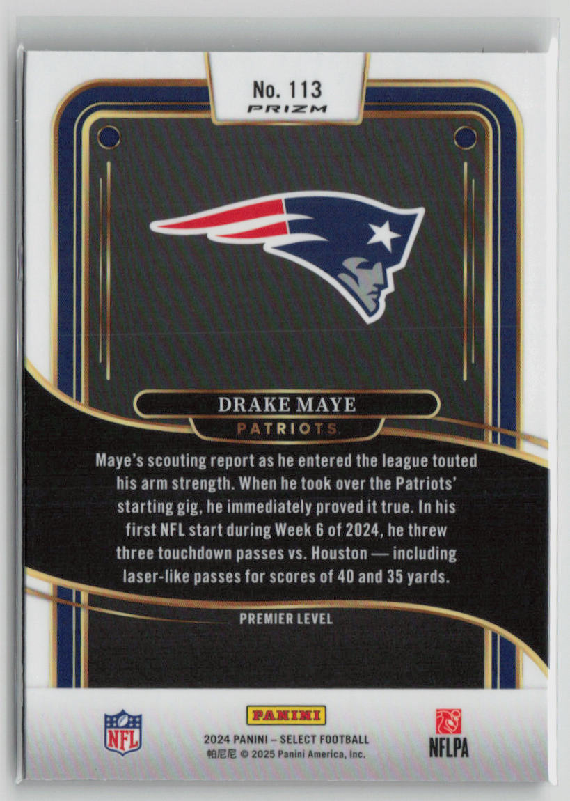 2025 Panini Select Prizm Drake Maye RC Premier Level Orange Black Flash #113
