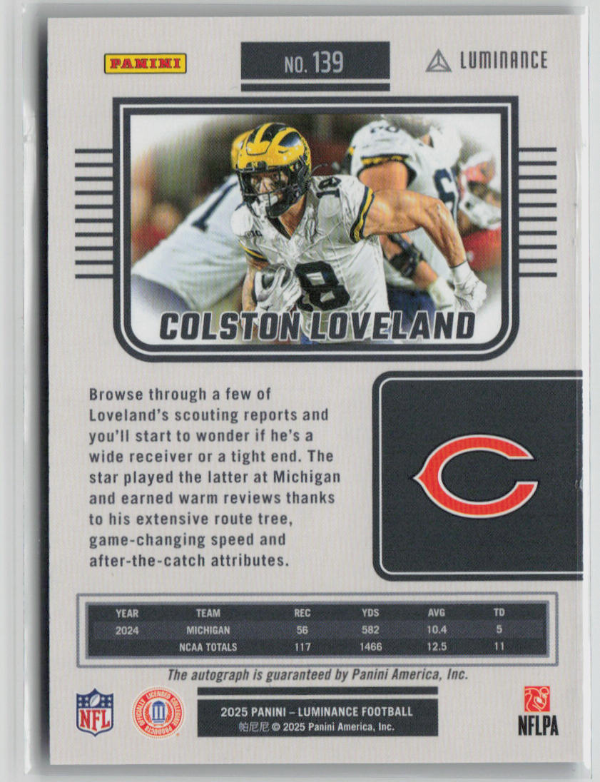 2025 Panini Luminance Colston Loveland Autograph Rookie Blue 08/50 #139