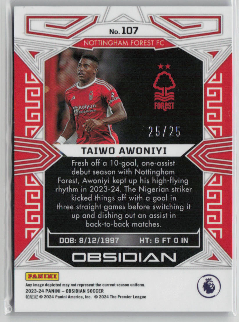 2024 Panini Obsidian Taiwo Awoniyi Purple 25/25 #107
