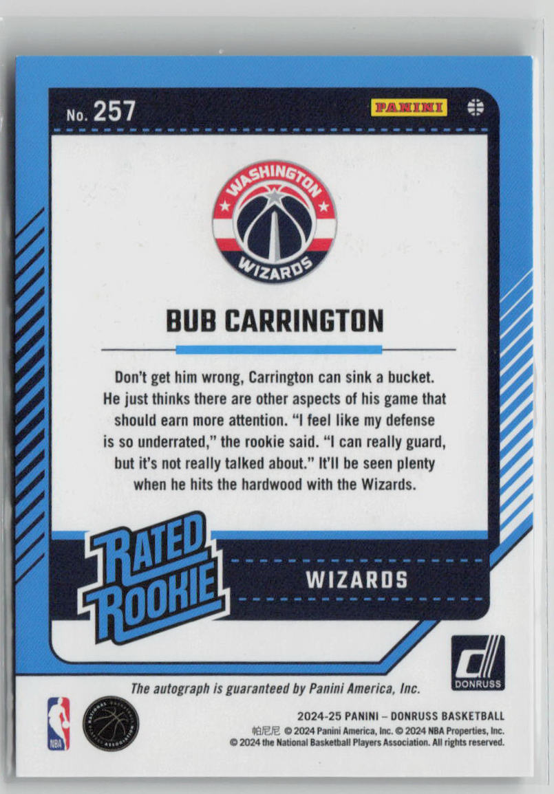 2024-25 Panini Donruss Rated Rookie Bub Carrington Autograph #257