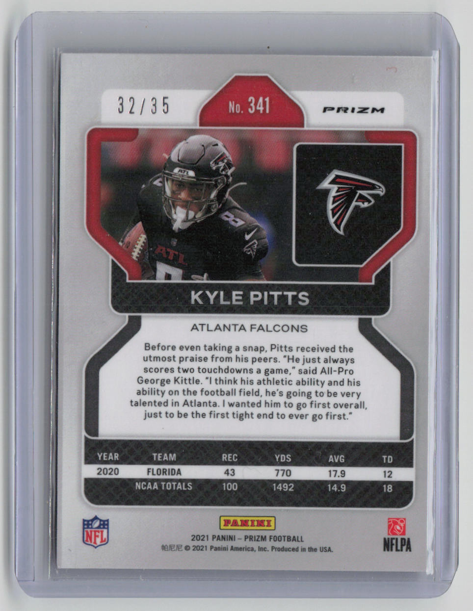 2021 Panini Prizm Kyle Pitts RC 32/35 Purple No Huddle #341
