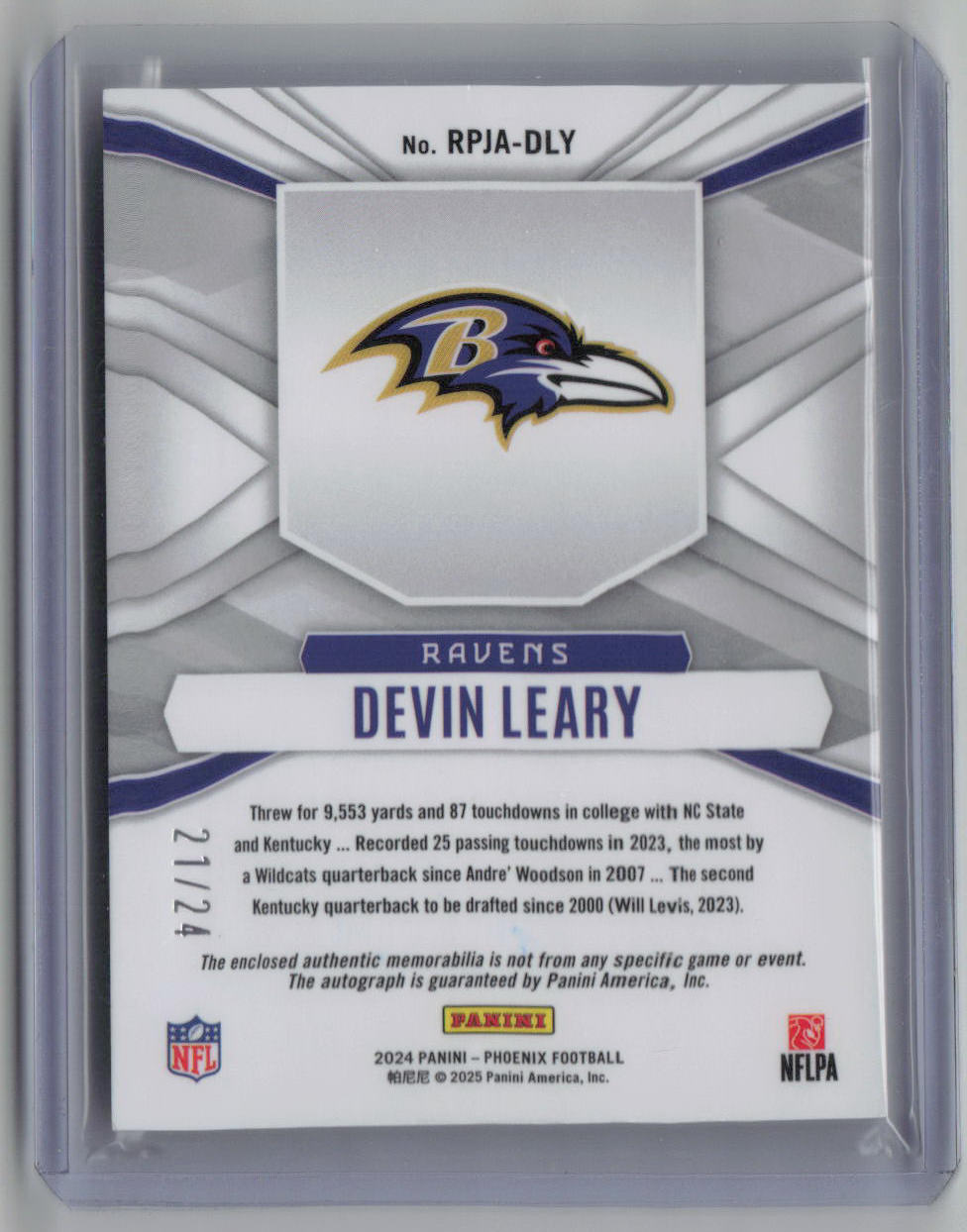 2024 Panini Phoenix Rookie Phenom Devin Leary 21/24 Patch RC #RPJA-DLY
