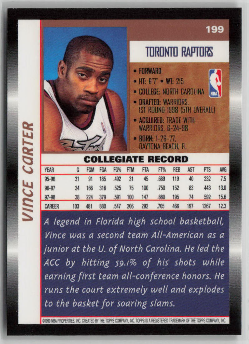 1998 Topps Rookie Card Vince Carter Rookie Autograph #199
