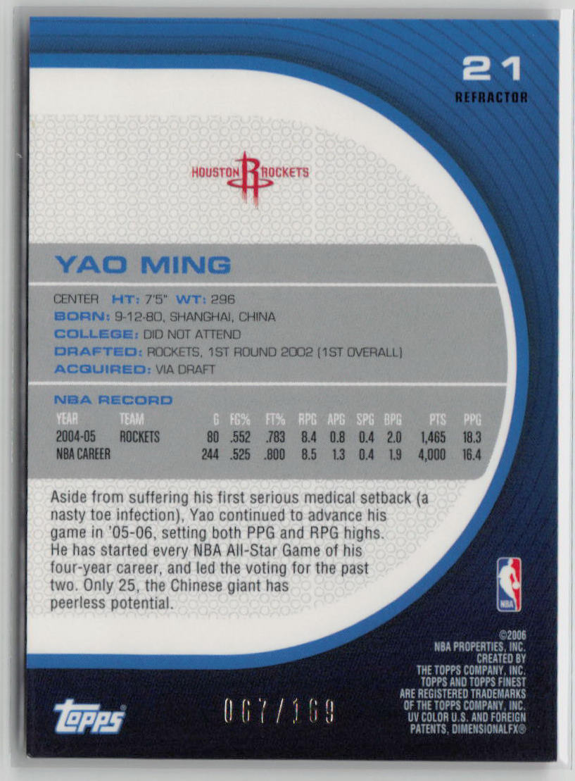 2006 Topps Finest Red Refractor Yao Ming 067/169 #21