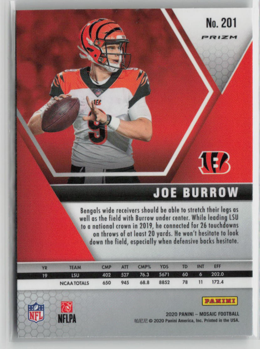 2020 Panini Mosaic Prizm Joe Burrow Rookie Silver Mosaic #201