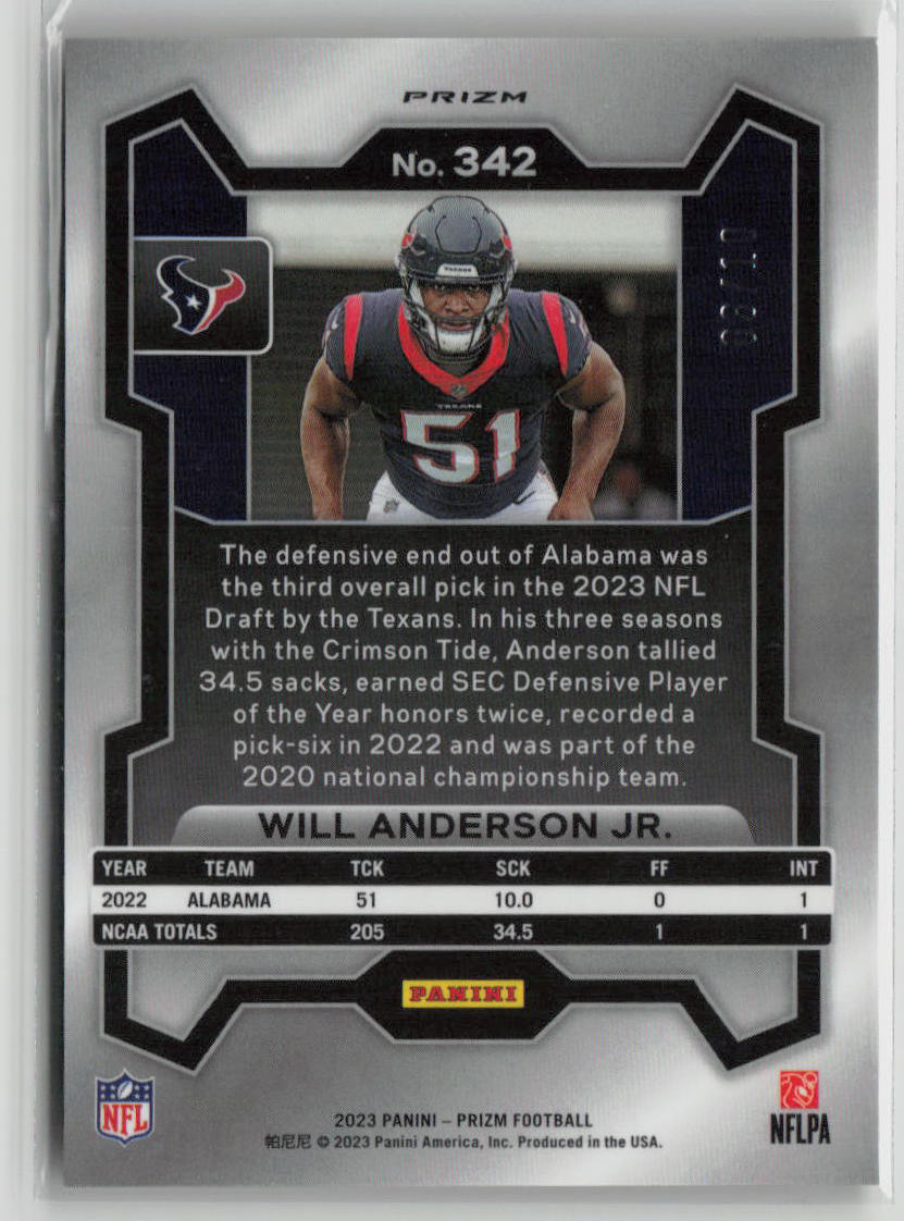 2023 Panini Prizm Football Will Anderson Jr. 08/10 RC Gold Wave #342