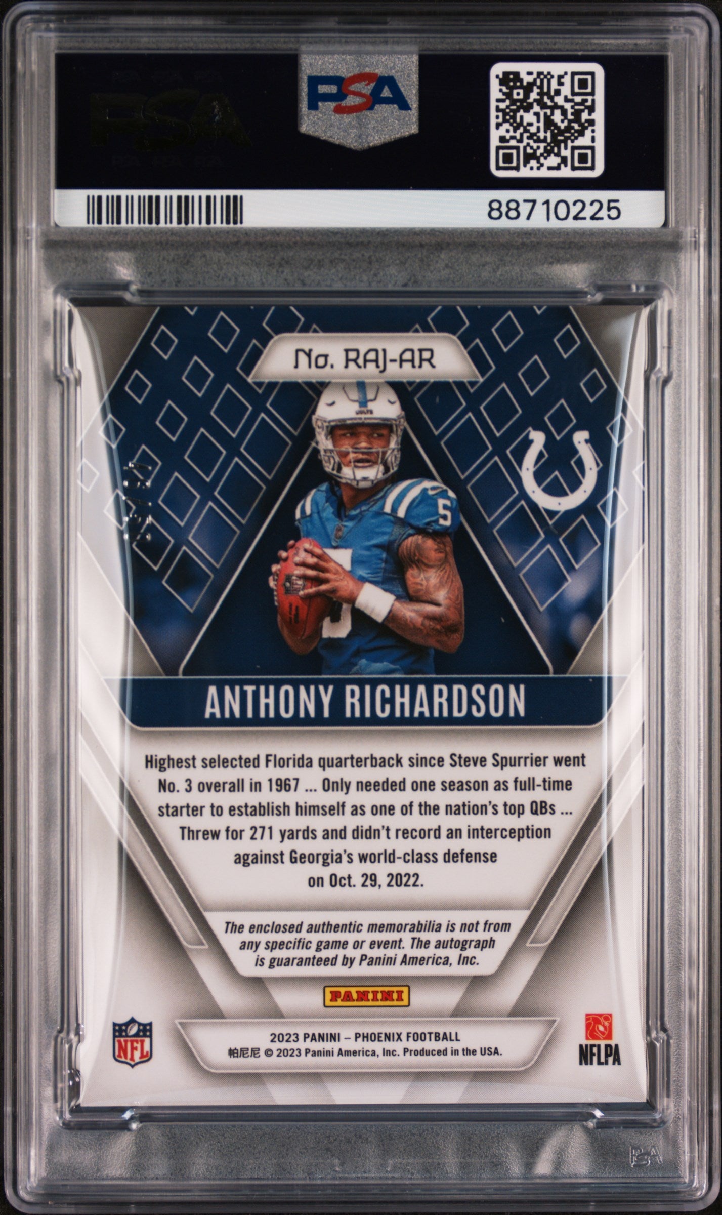 2023 Phoenix Anthony Richardson Rookie Patch Auto Blue 46/50 #RAJAR PSA 10