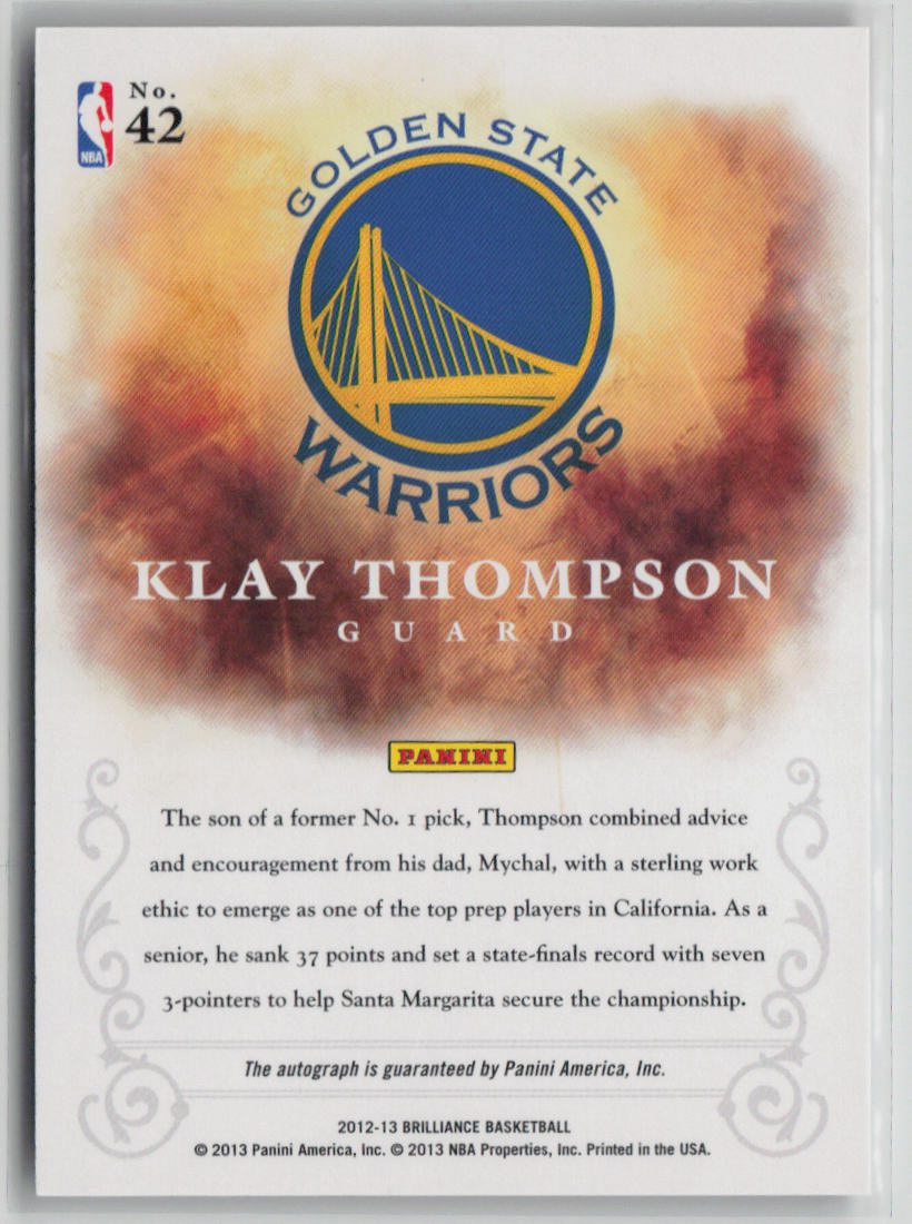2012-13 Panini Brilliance Klay Thompson Autograph #42