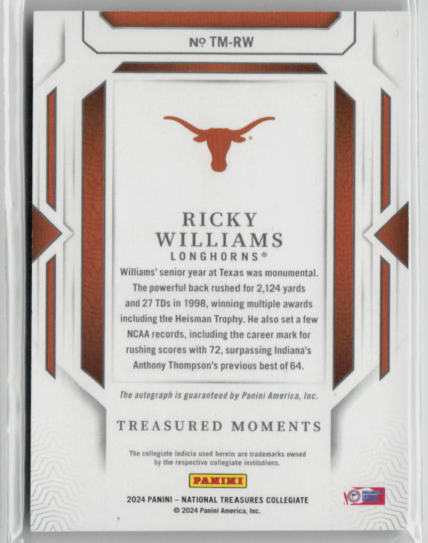 2024 Panini National Treasures Collegiate Ricky Williams 26/75 Autograph #TM-RW