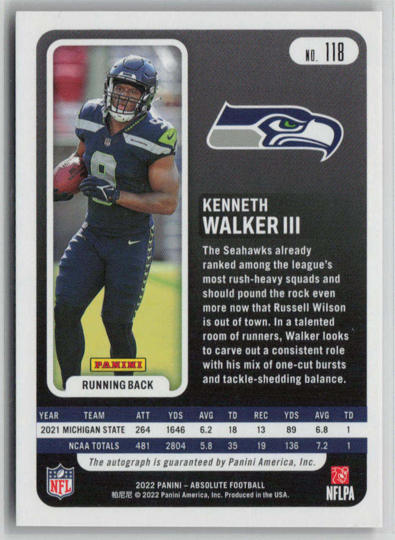 2022 Panini Absolute Absolute Ink Kenneth Walker III Autograph RC 24/35 #118