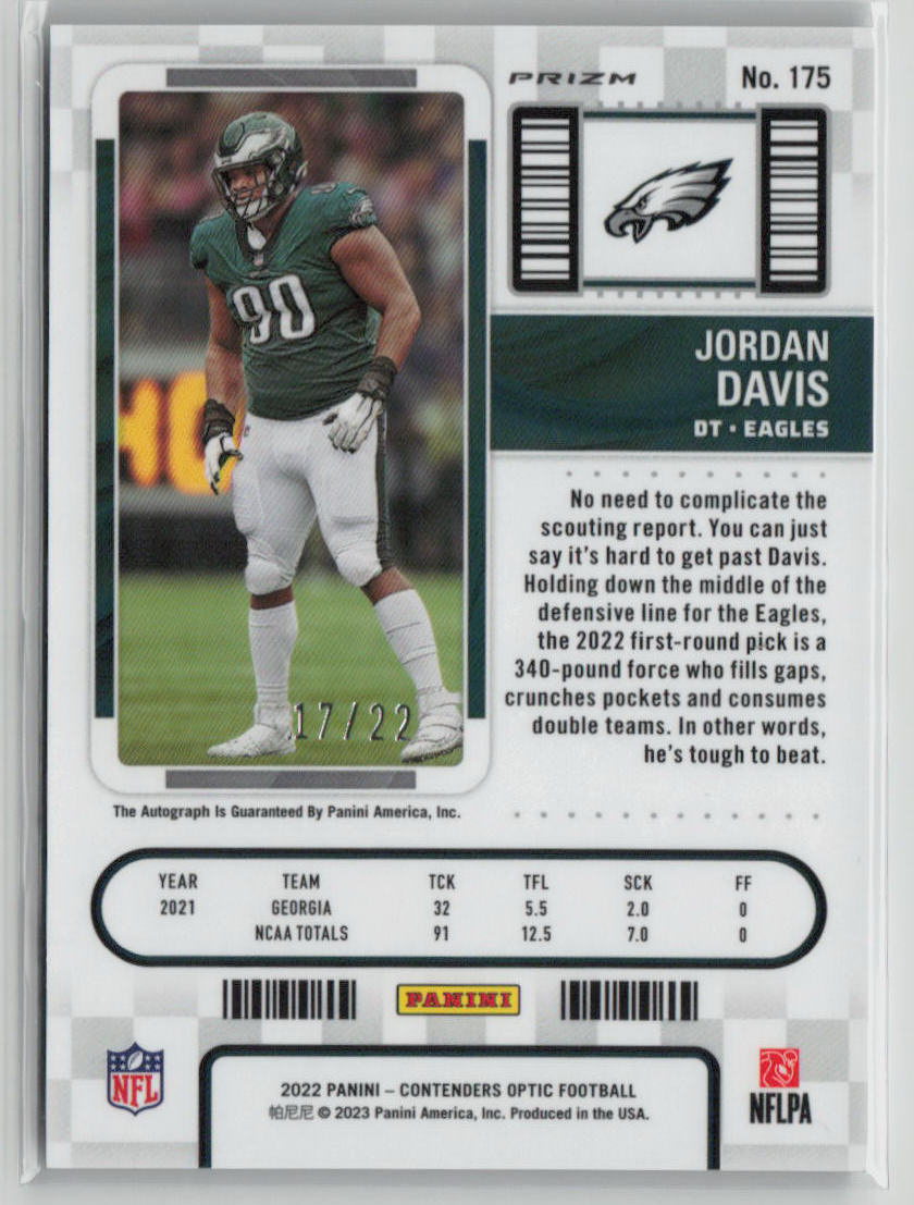 2023 Panini Contenders Optic Jordan Davis Rookie Auto Cracked Ice 17/22 #175