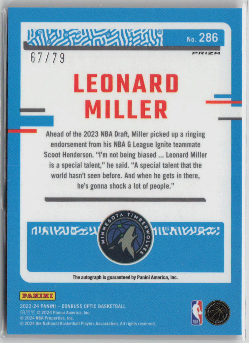 2023-24 Panini Donruss Optic Prizm Leonard Miller 67/79 Pink Velocity Auto #286