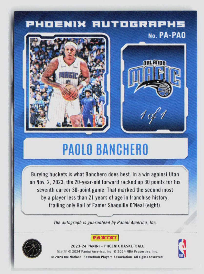 2023Panini Phoenix Paolo Banchero Black Finite Auto 1/1 #PA-PAO