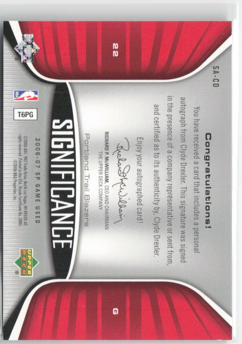 2006-07 SP Game Used Clyde Drexler Auto #077/100 #22