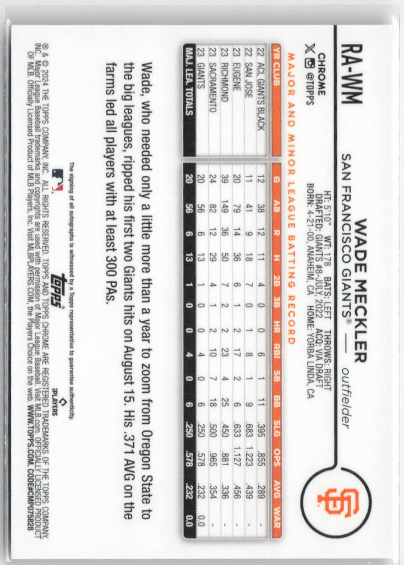 2024 Topps Chrome Wade Meckler Orange Rookie Auto 01/25 RC #RA-WM