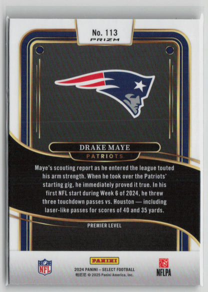 2025 Panini Select Prizm Drake Maye RC Premier Level Orange Black Flash #113