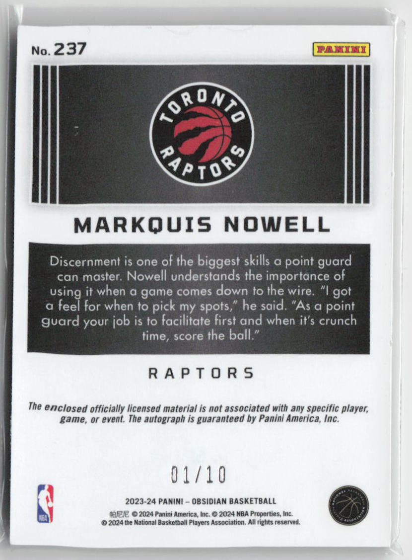 2023 Panini Obsidian Markquis Nowell RPA Rookie Patch Auto 01/10 #237