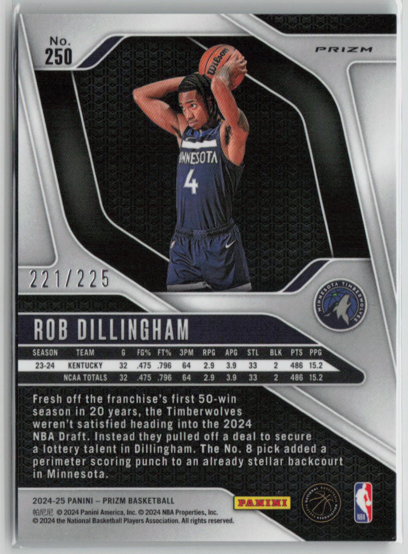 2024-25 Panini Prizm Basketball Rob Dillingham RC 221/225 #250