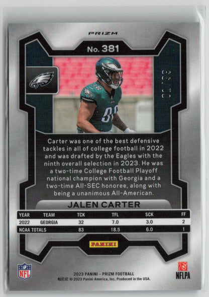 2023 Panini Prizm Football Jalen Carter Rookie Blue Ice 01/99 #381