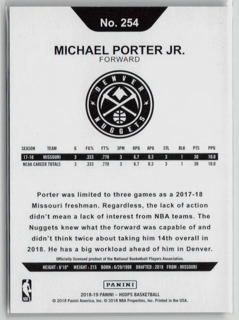 2018-19 Panini NBA Hoops Michael Porter Jr. Rookie Orange Explosive 06/25 #254