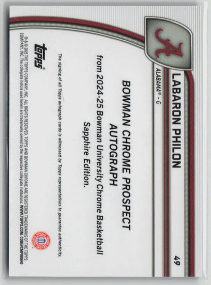 2025 Bowman U Chrome Sapphire Edition Labaron Philon Black Autograph 02/10 #49