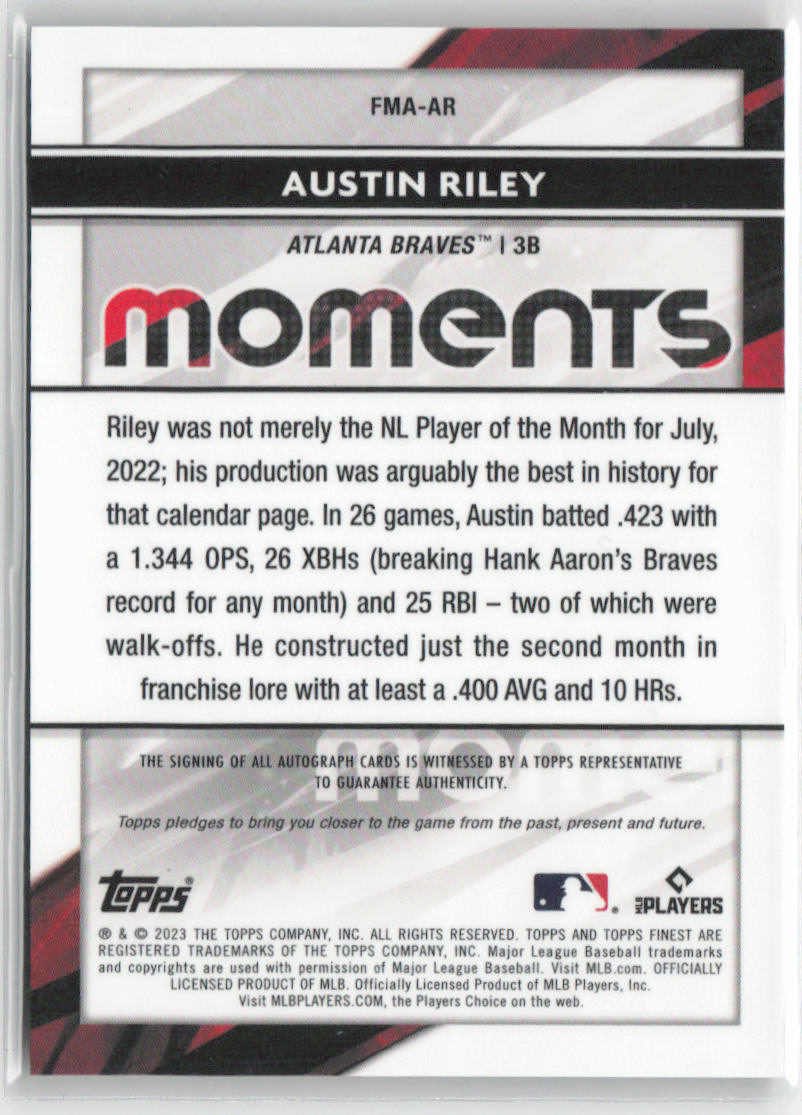 2023 Topps Finest Austin Riley Moments Orange Auto 25/25 #FMA-AR Autographed