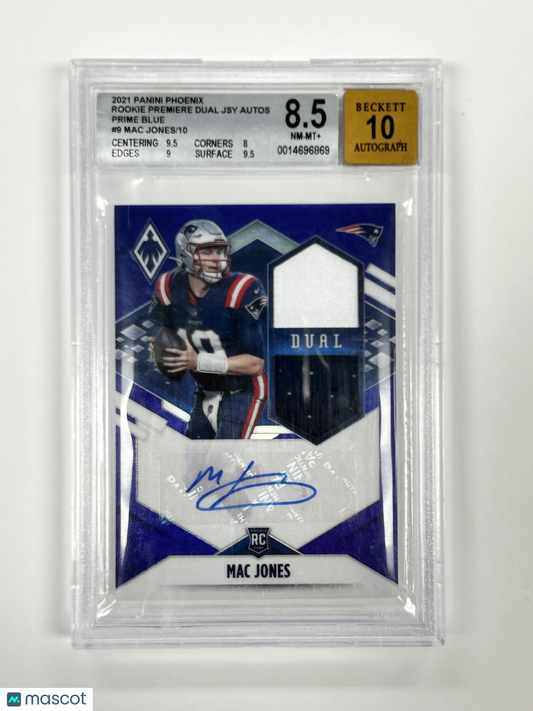 2021 Panini Phoenix Blue Mac Jones Blue Rookie Patch Auto 05/10 #9 BGS 8.5