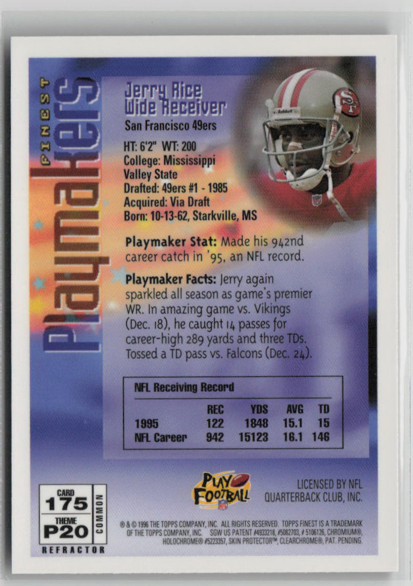 1996 Topps Finest Jerry Rice Playmakers Refractor #175