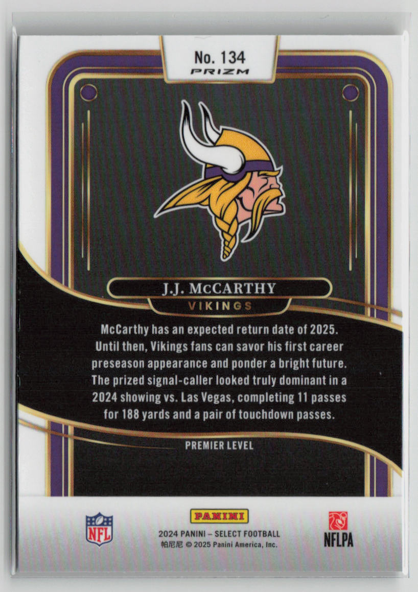 2025 Panini Select Prizm J.J. McCarthy RC Premier Level Green Yellow Flash #134
