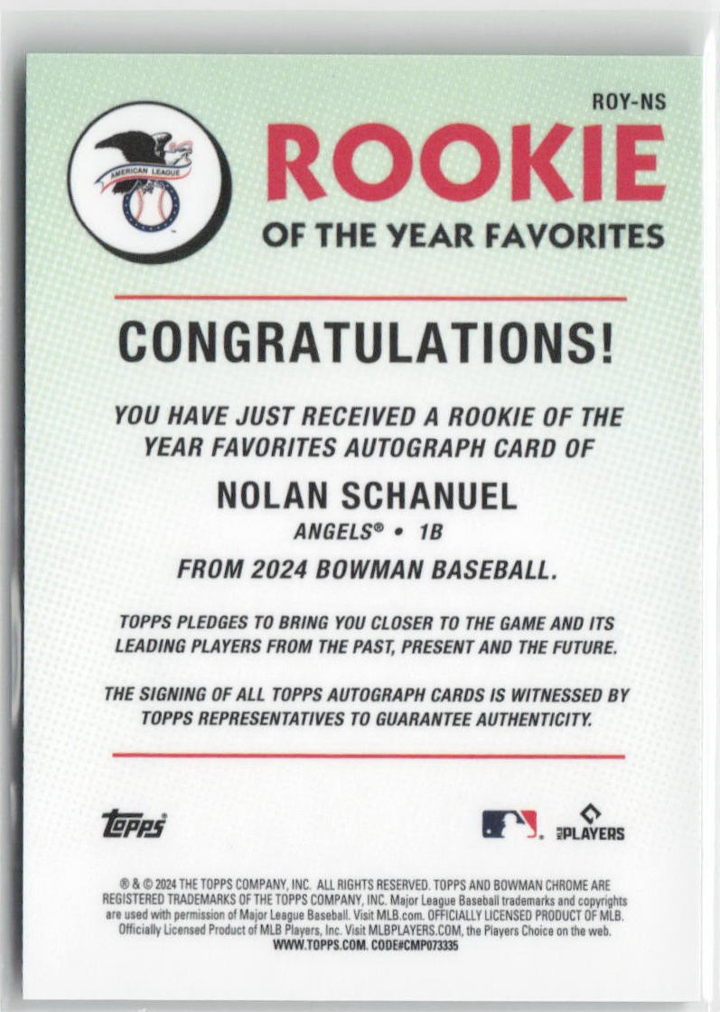 2024 Bowman Nolan Schanuel Rookie of The Year Favorites Auto #038/150 #ROY-NS