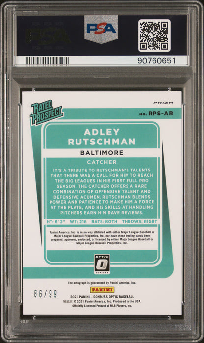 2021 Donruss Optic Rated Prospect Auto Adley Rutschman Red Mojo /99 RPSAR PSA 10