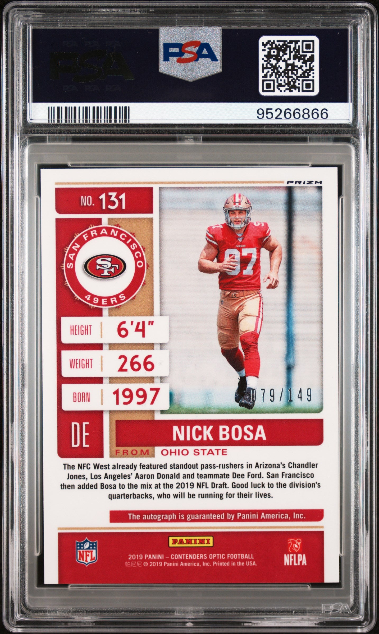 2019 Panini Contenders Optic Nick Bosa Rookie Autograph Teal 079/149 #131 PSA 8