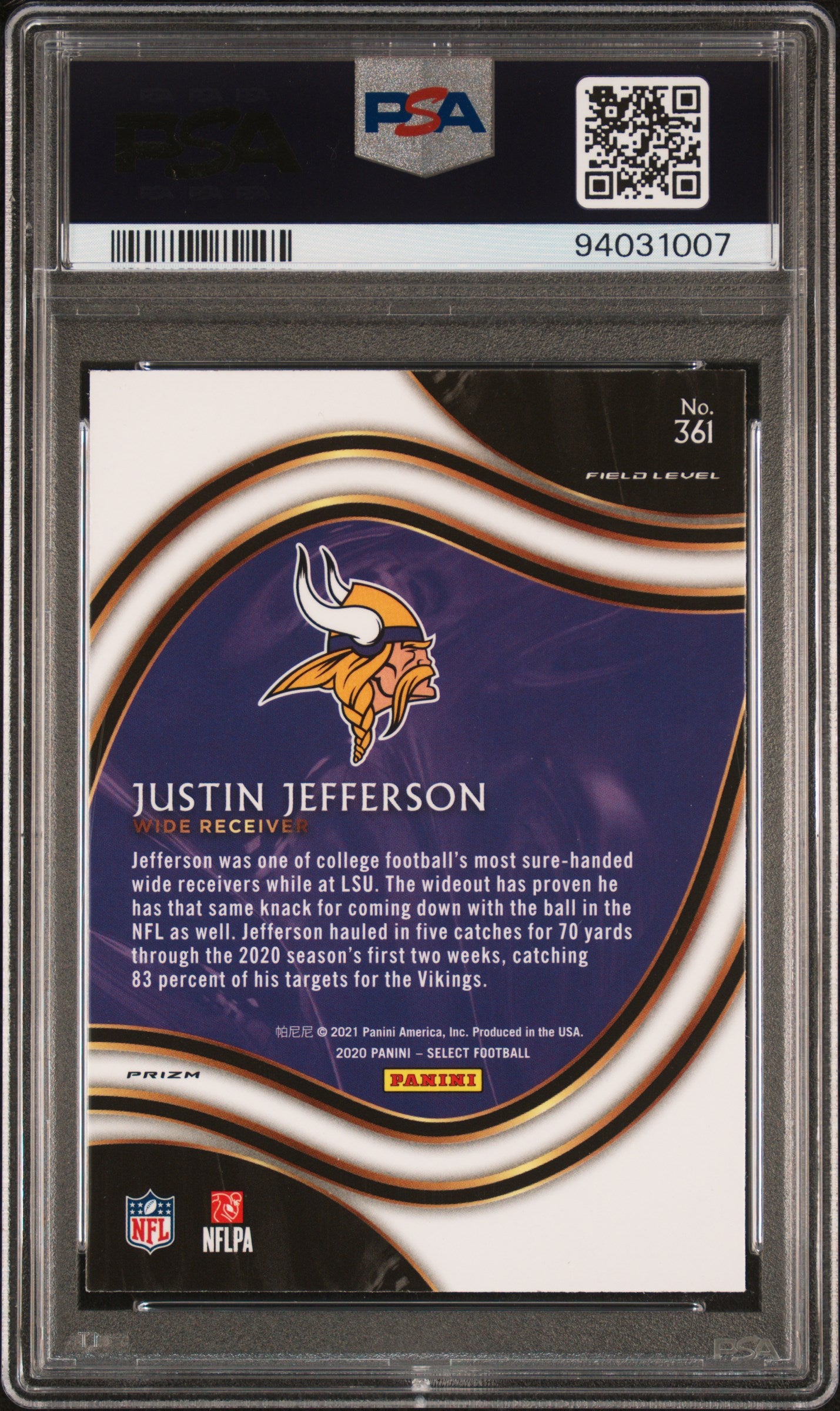 2020 Panini Select Justin Jefferson Silver Field Level Prizm #361 PSA 9