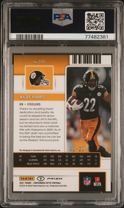 2021 Contenders Optic Najee Harris Rookie RC Auto Cracked Ice 01/22 #111 PSA 10