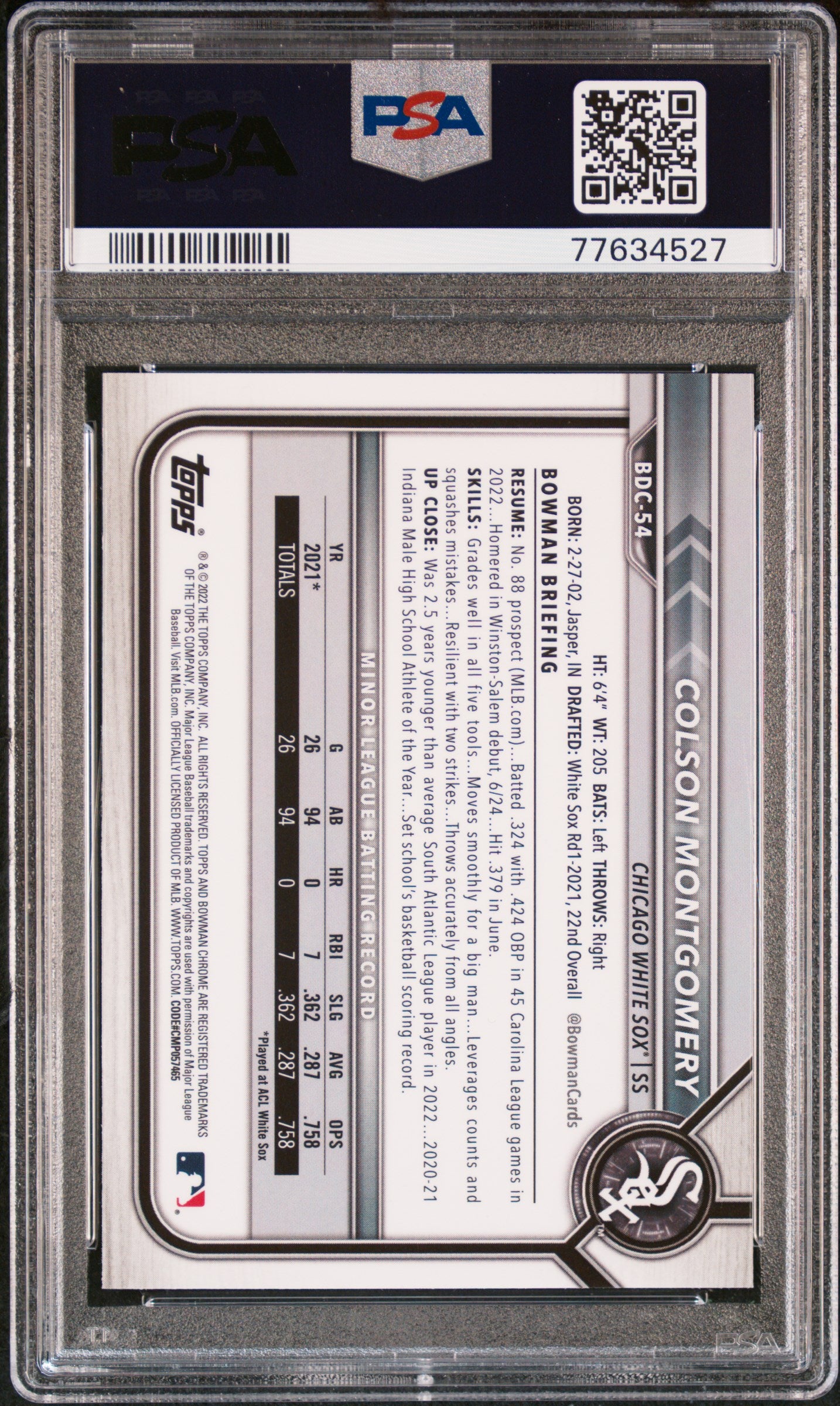 2022 Bowman Draft Chrome Sapphire Edition Colson Montgomery #BDC54 PSA 10