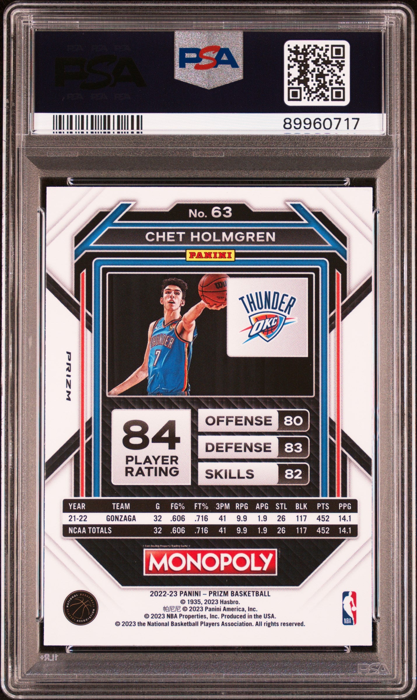 2022 Panini Prizm Monopoly Chet Holmgren Free Parking #63 PSA 9