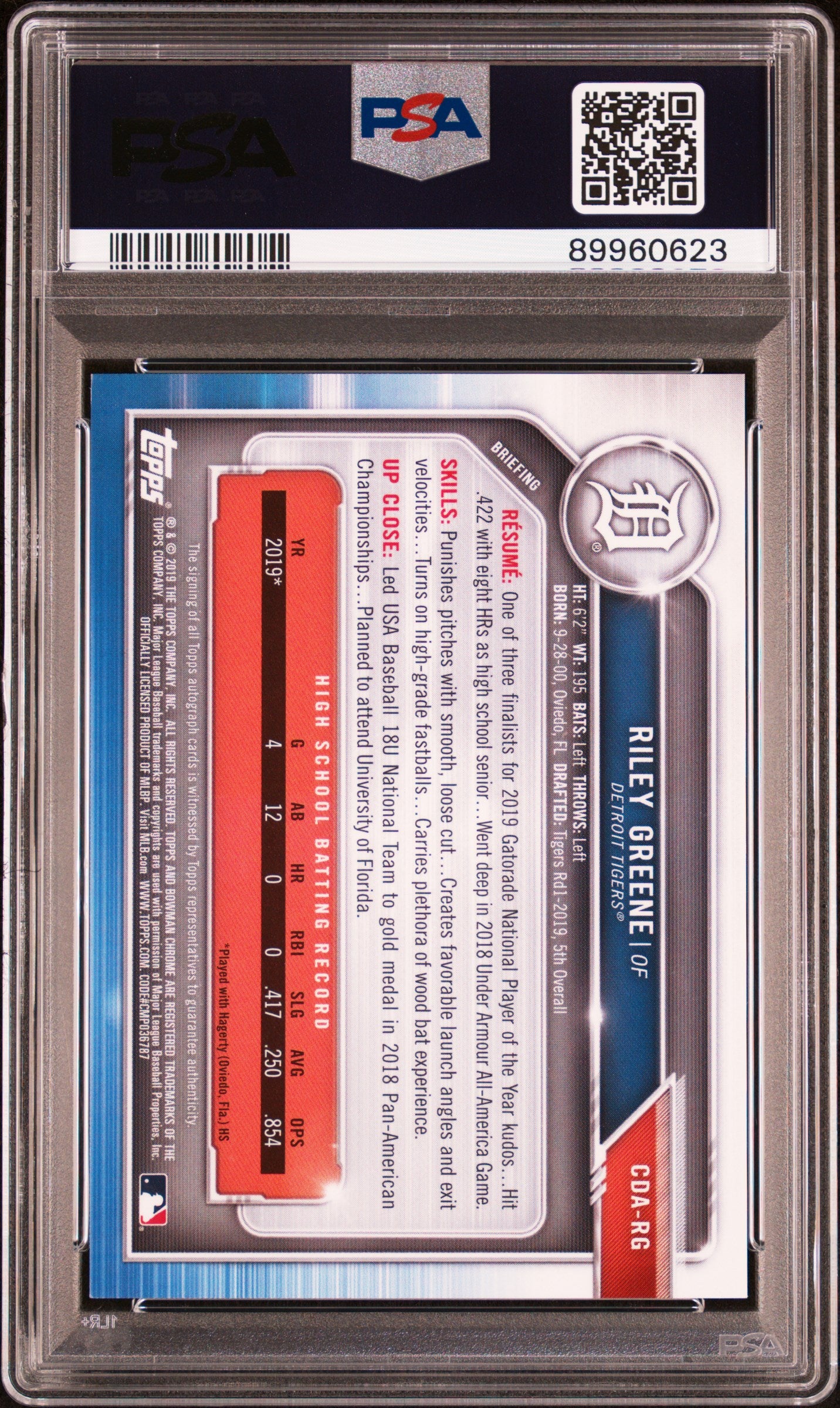 2019 Bowman Draft Chrome Picks Autograph Riley Greene #CDARG PSA 10