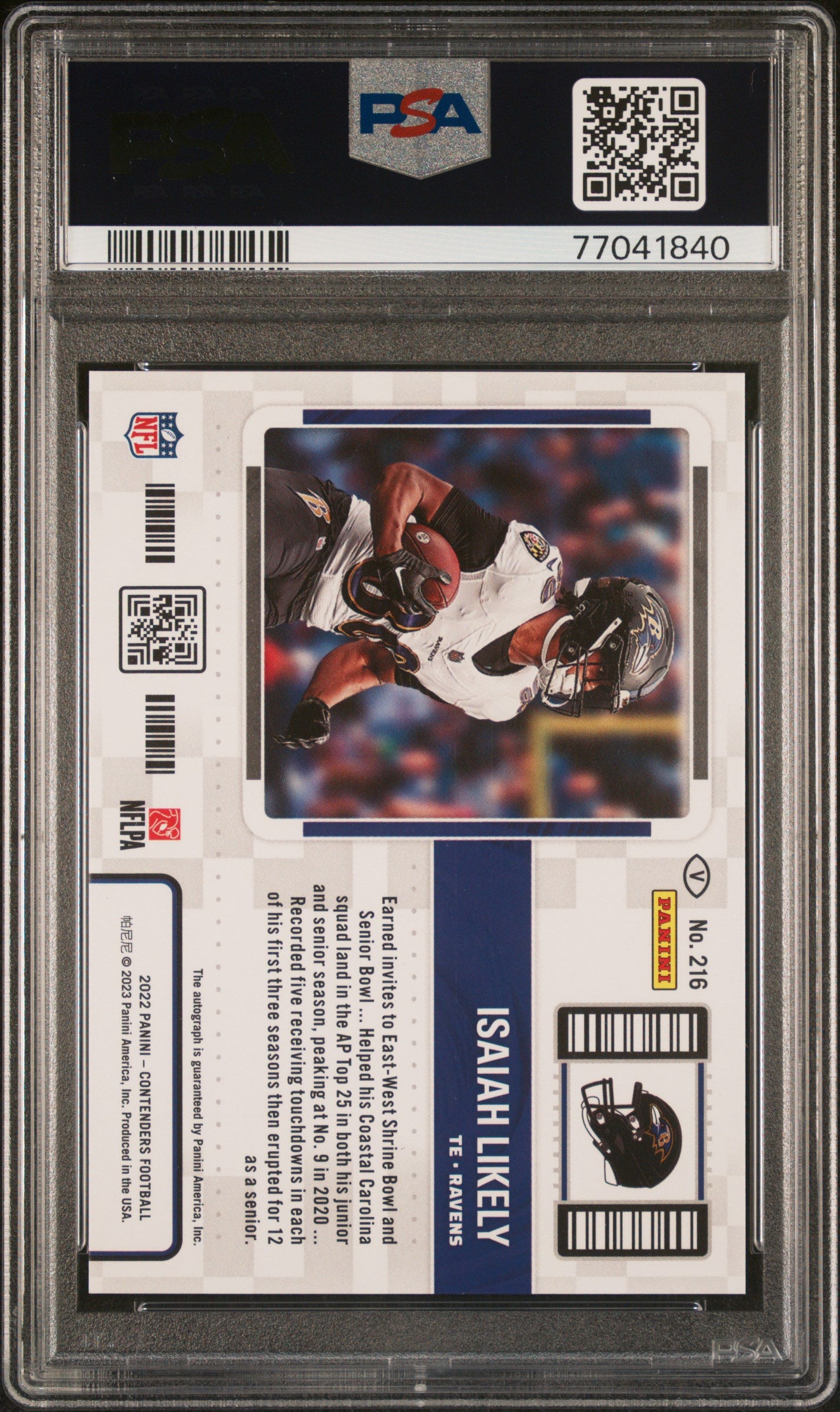 2022 Panini Contenders Isaiah Likely Rookie Auto 11/49 Playoff #216 PSA 10