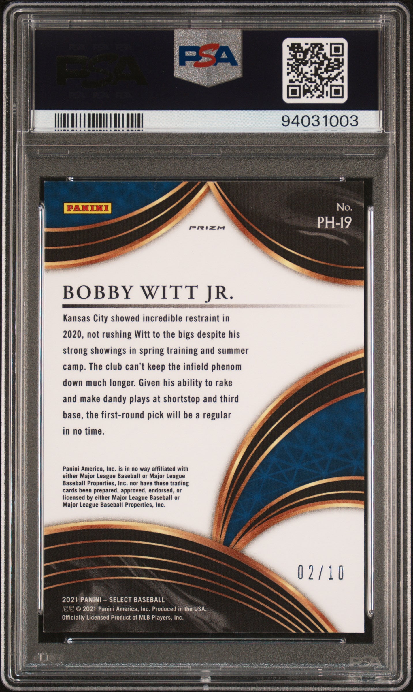 2021 Panini Select Bobby Witt JR. Phenoms Gold 02/10 #19 PSA 9