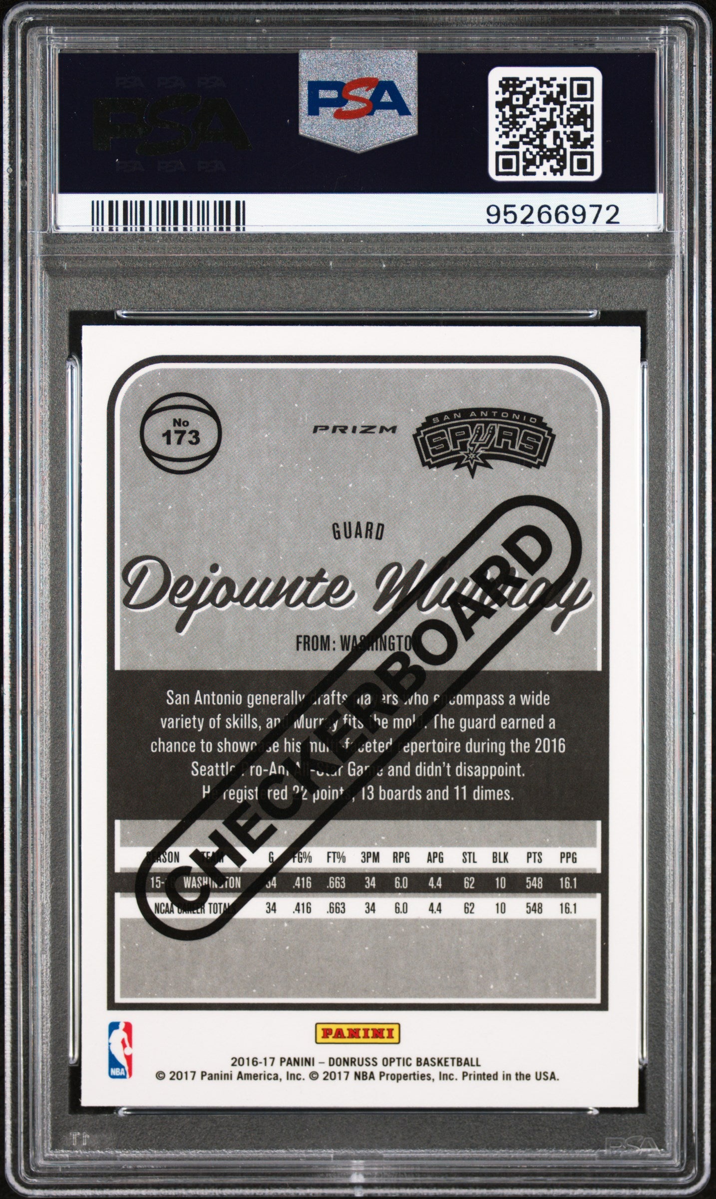 2016 Panini Donruss Optic Dejounte Murray Rookie Checkerboard #173 PSA 9