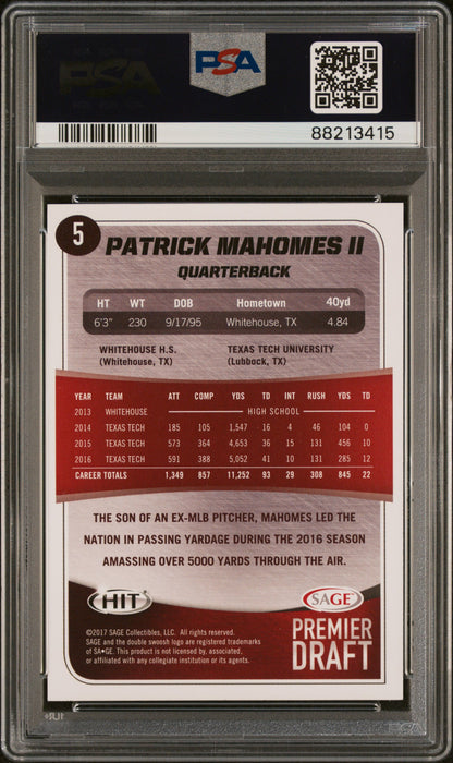 2017 SaGe Hit Premier Draft Patrick Mahomes II Rookie #5 PSA 10