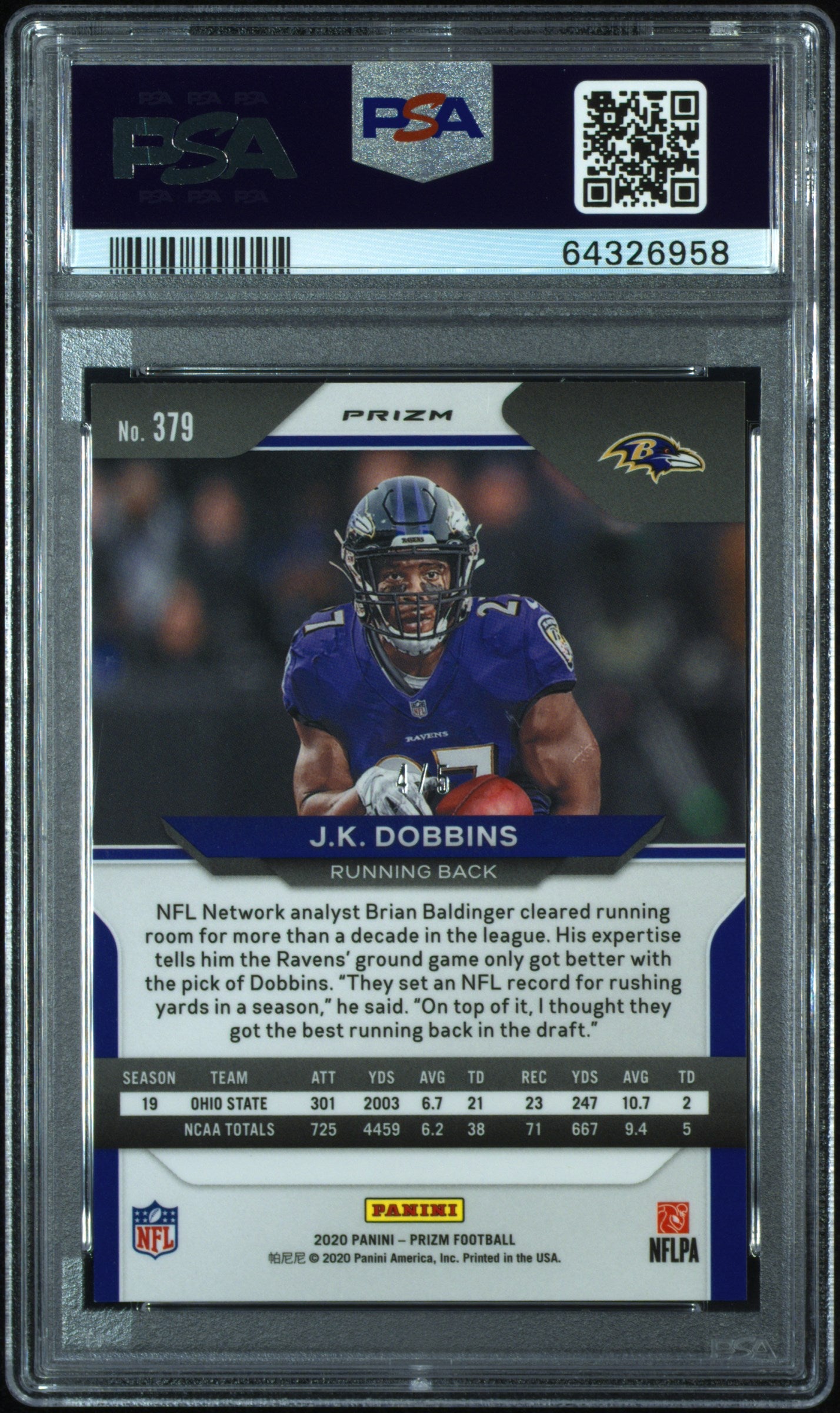 2020 Panini Prizm J.K. Dobbins Rookie RC No-Huddle Neon Green 4/5 #379 PSA 9