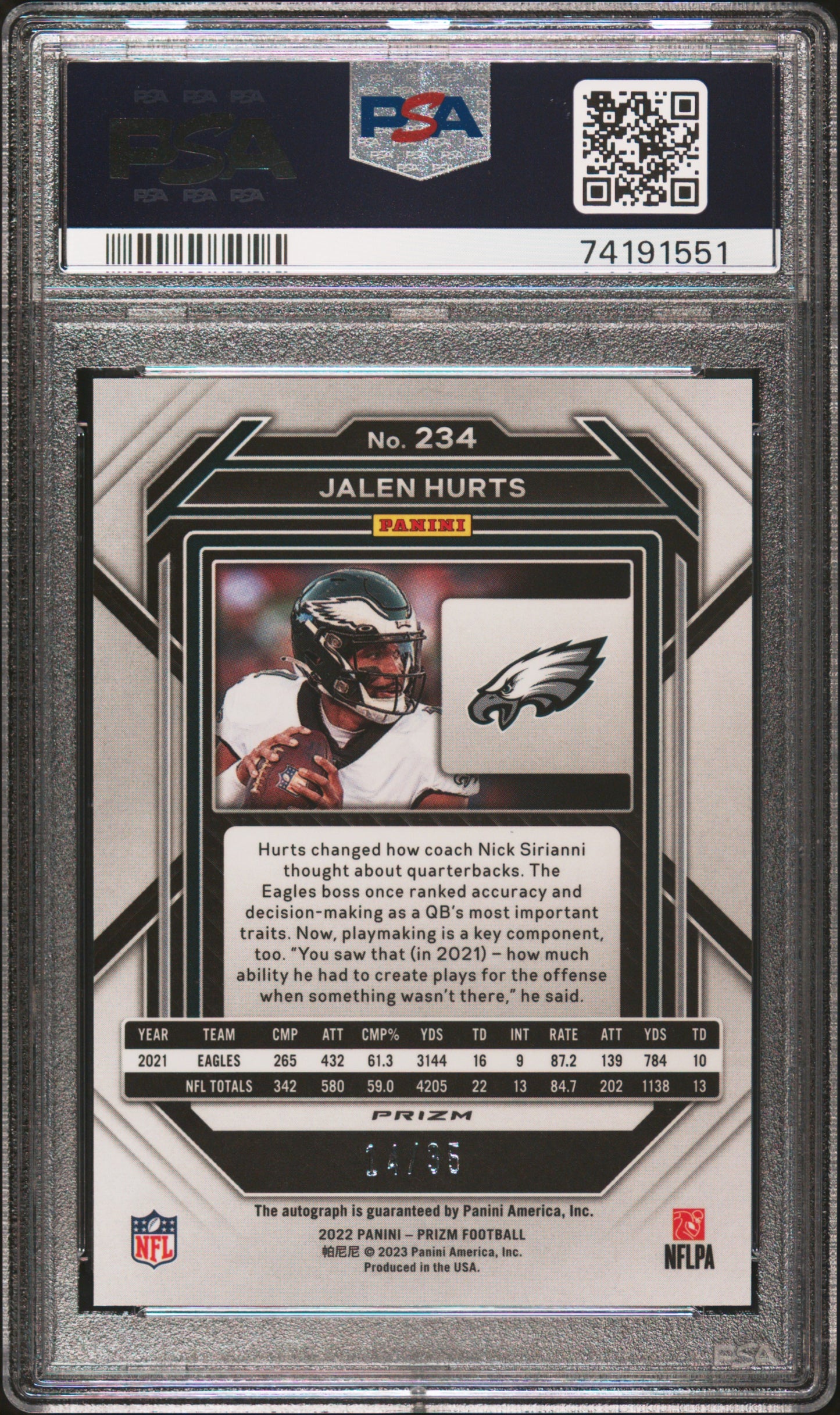 2022 Panini Prizm Jalen Hurts Autograph Red Shimmer 14/35 #234 PSA 10