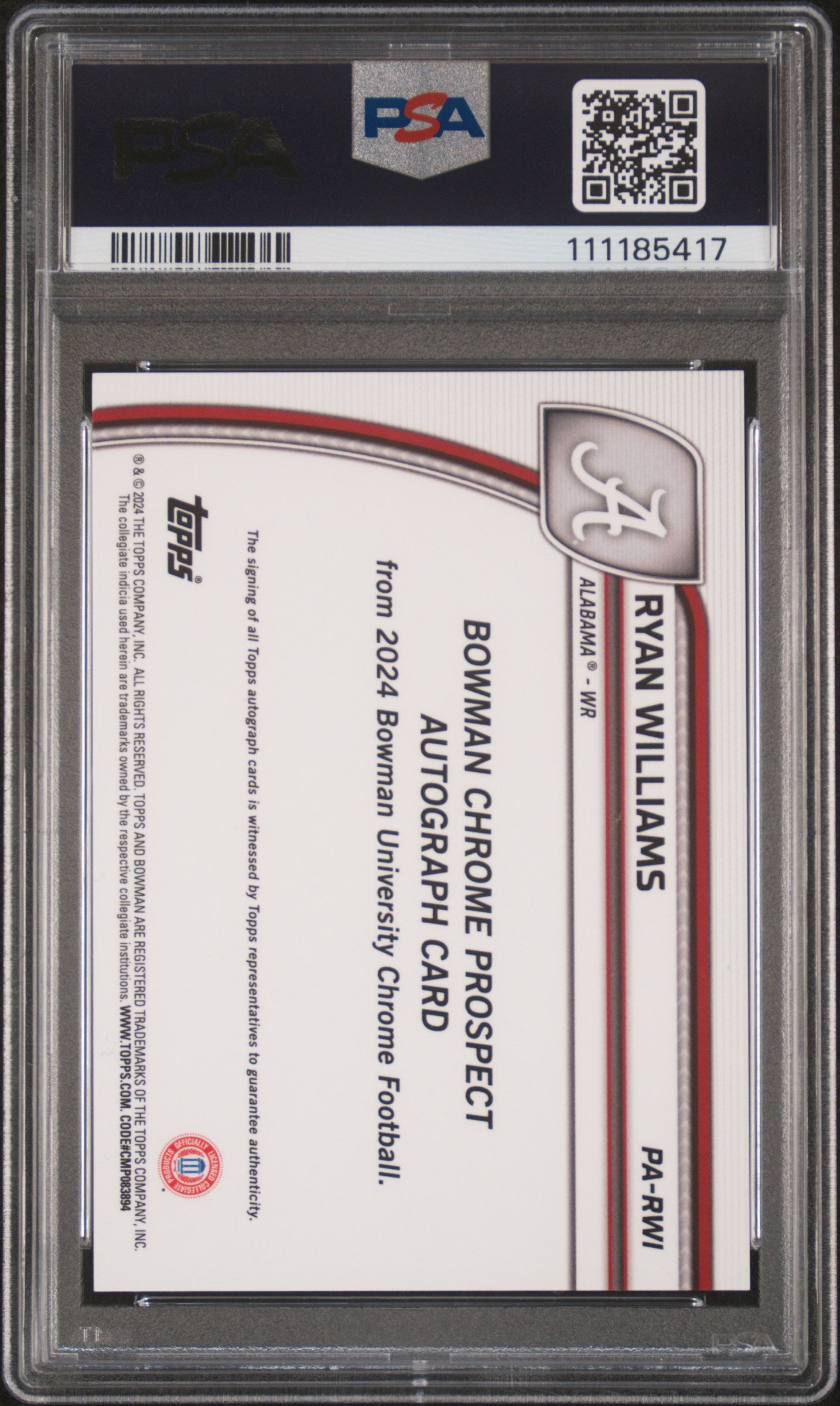 2024 Bowman U Chrome Ryan Williams Yellow Refractor Auto 46/75 #PARWI PSA 10