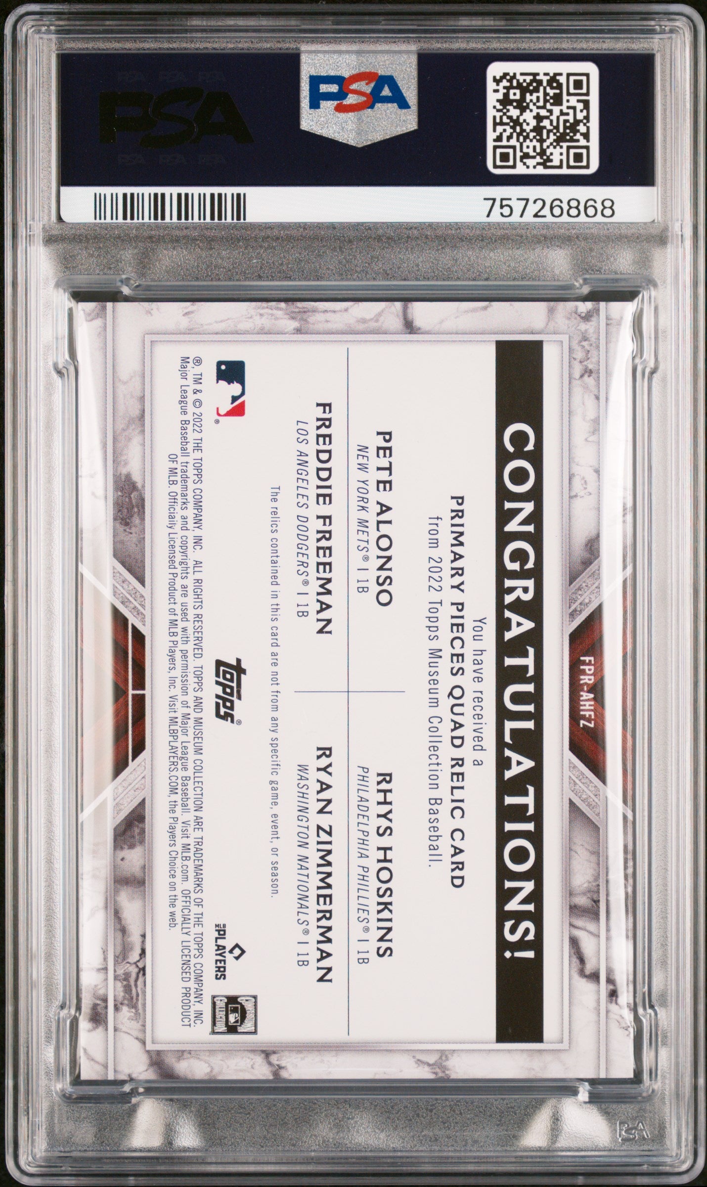 2022 Topps Museum Alonso/Ryan/Freddie/Ryan /75 Quad Relic #AHFZ PSA 10