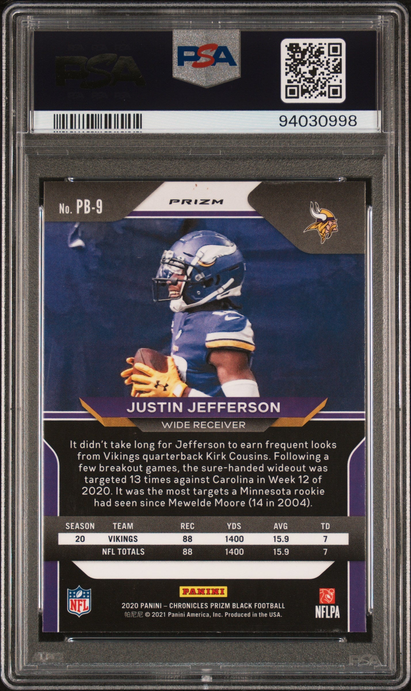 2020 Chronicles Justin Jefferson Prizm Black Silver Rookie RC #PB9 PSA 10