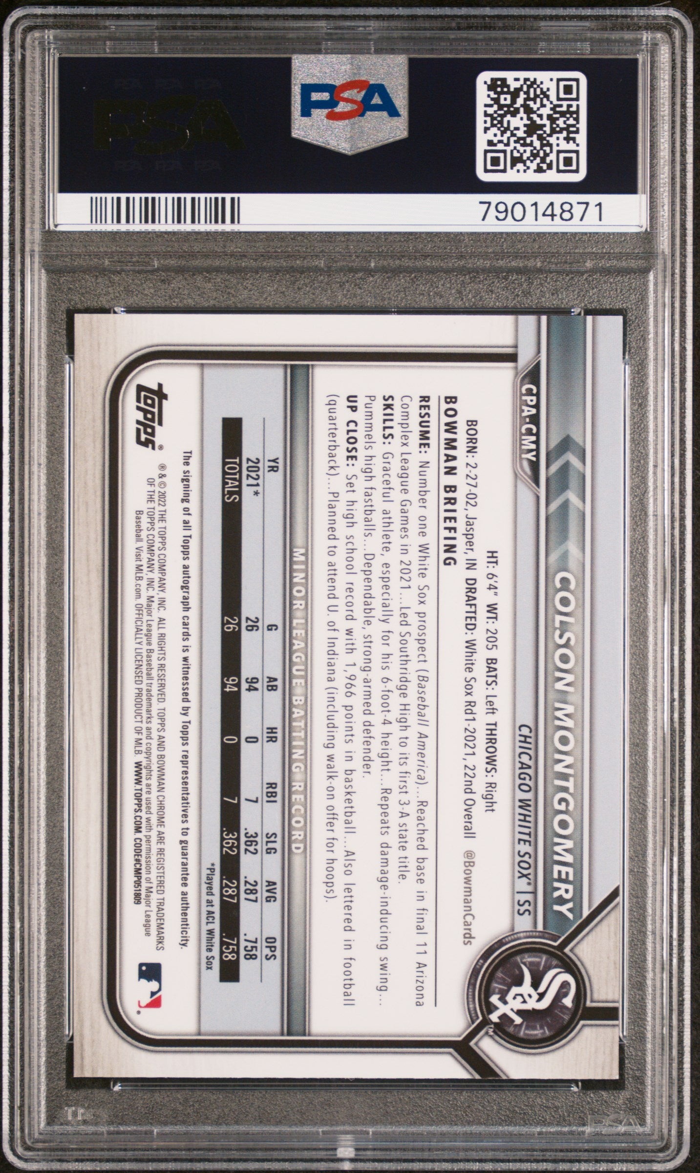 2022 Bowman Chrome Prospect Colson Montgomery Auto Speckle REF. #CPACMY PSA 9