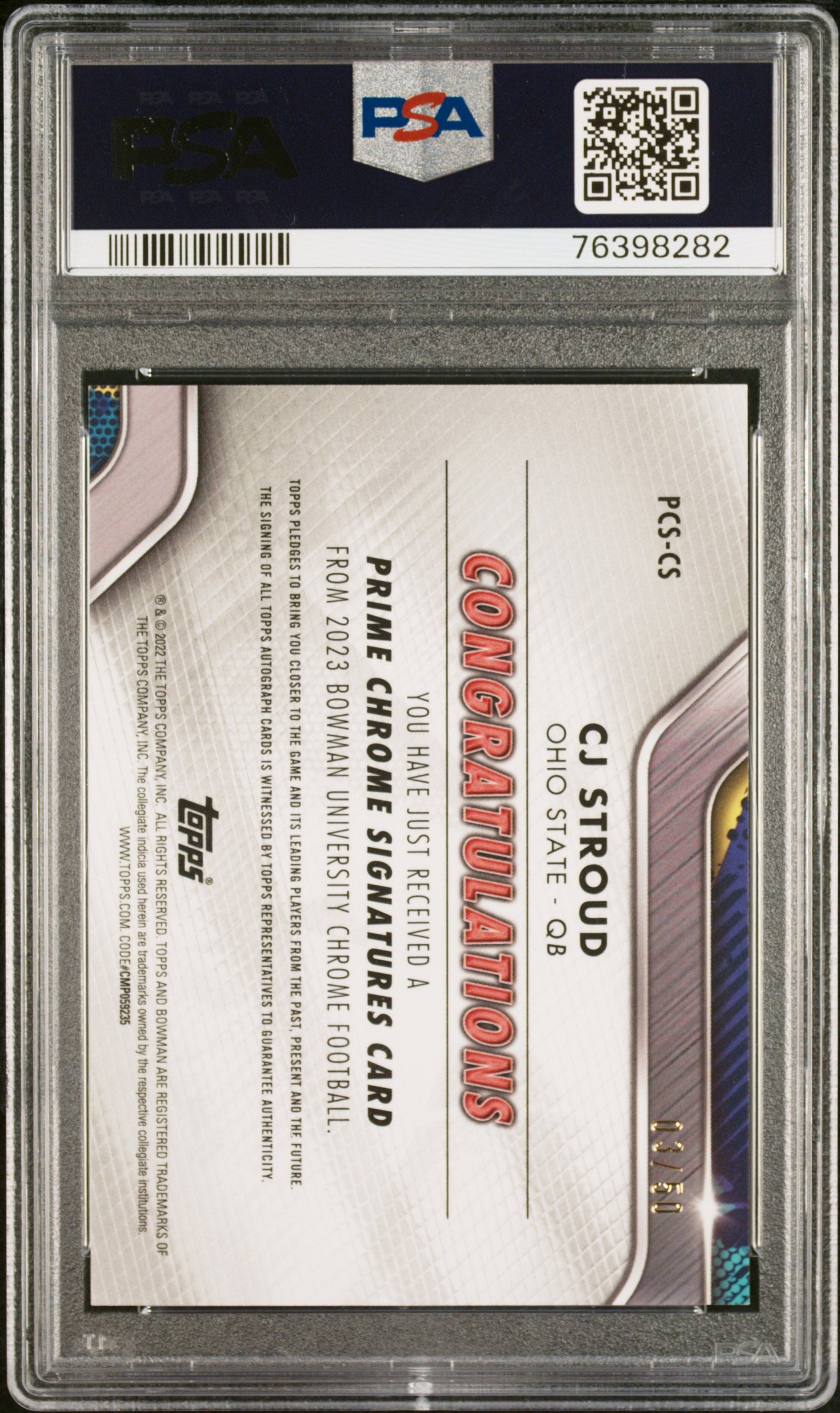 2022 Bowman University CJ Stroud Prime Chrome Signatures /50  #PCSCS PSA 10