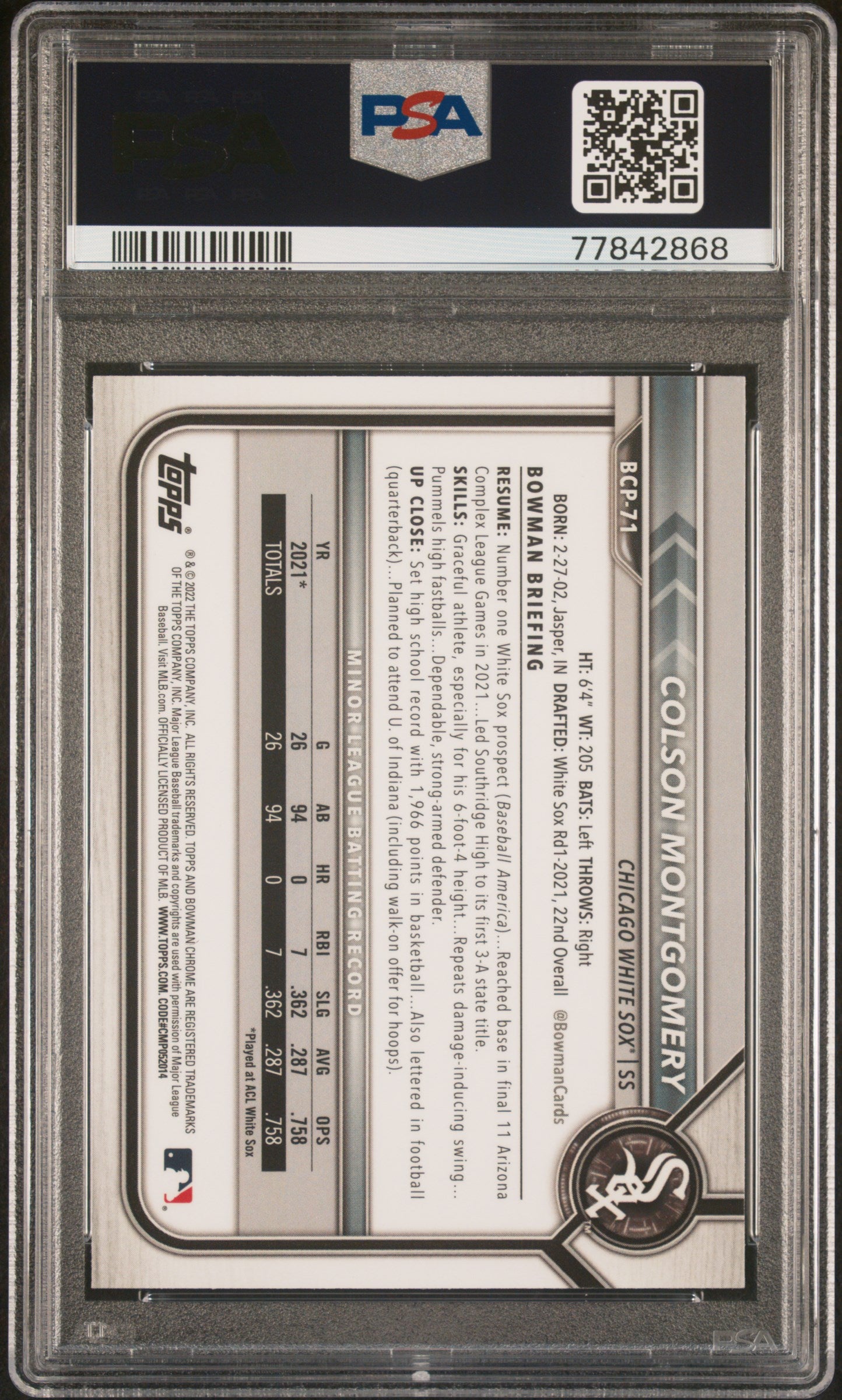 2022 Bowman Mega Box Colson Montgomery Chrome #71 PSA 10